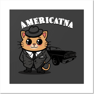 Americatna Cute Vintage Retro Classic Cars Americana Gangster Cat Posters and Art